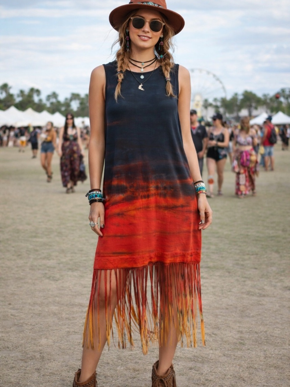 Raquel Allegra Midnight Tie Dye Dress Shift Fringe 2 Bohemian Hippie Festival